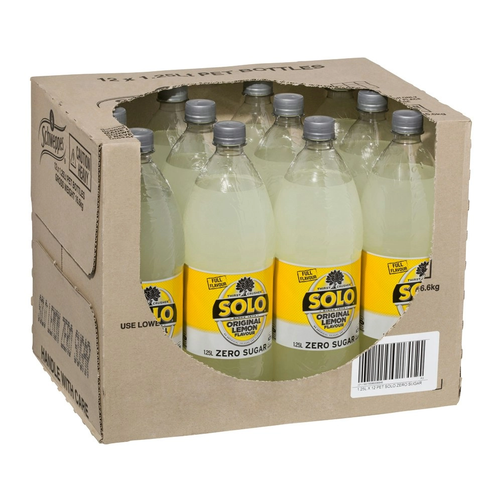 12pc Solo Zero Sugar Lemon Flavoured Soft Drink Carbonated Soda Bottles 1.25L