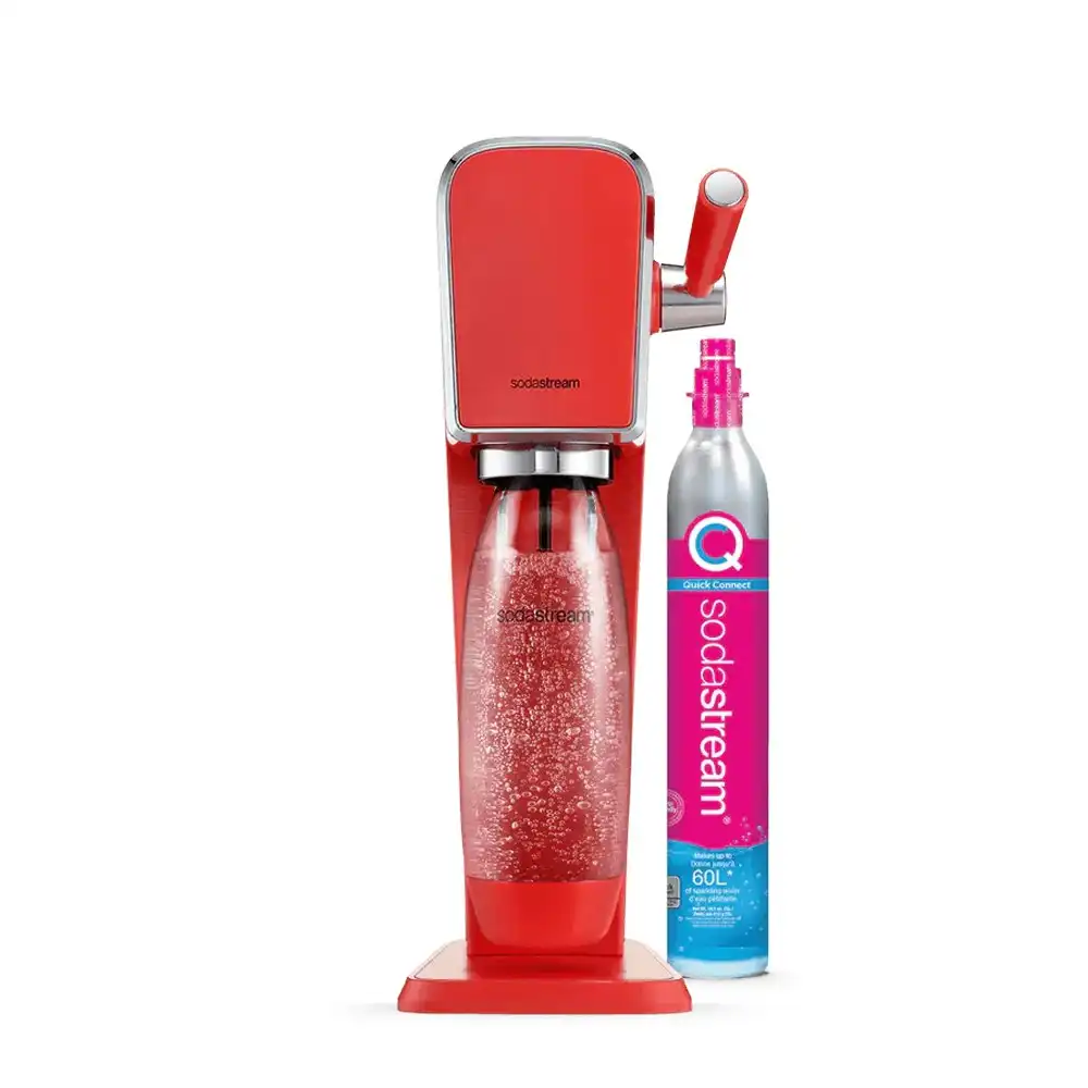 SodaStream Art Sparkling Water Maker w/60L Gas Cylinder & 1L Bottle Mandarin Red