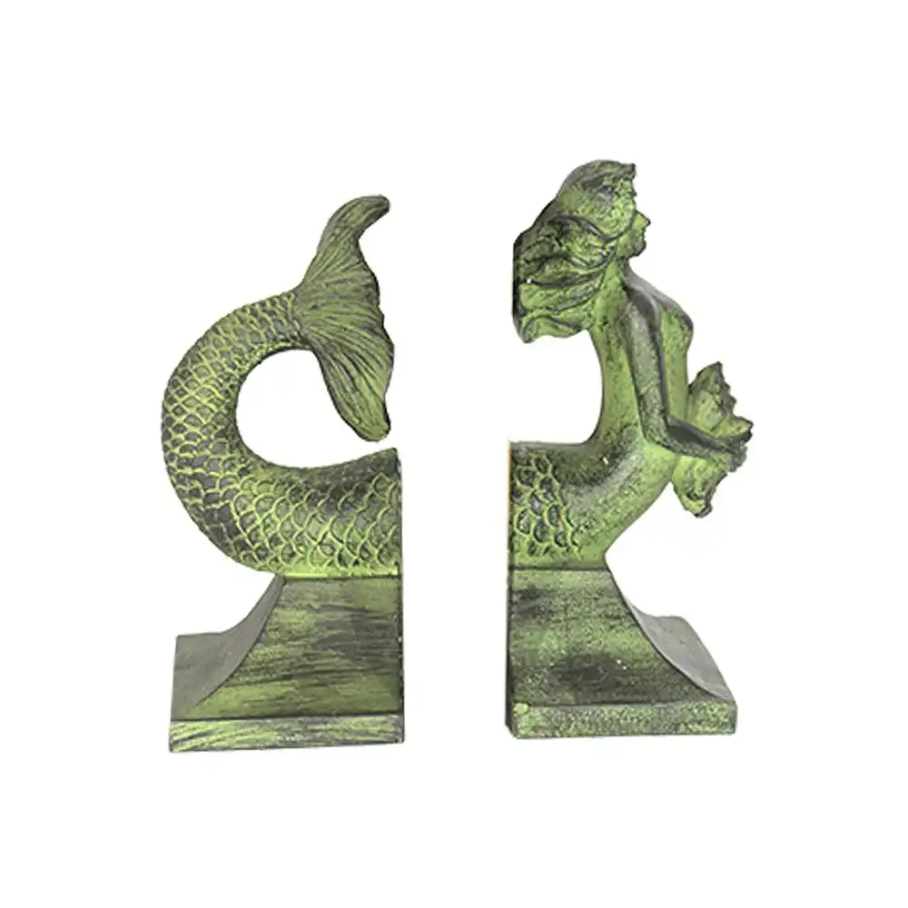 DWBH Homewares Resin Mermaid Bookends Shelf Home Decorative Set Green 18x19cm