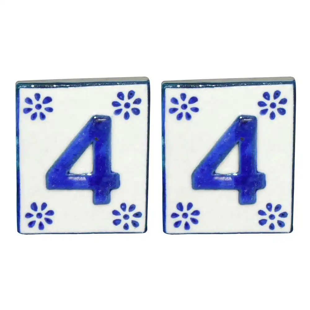 2x DWBH Ceramic #4 House Number Tile 7x6cm Sign Home Address Wall Plaque Blue