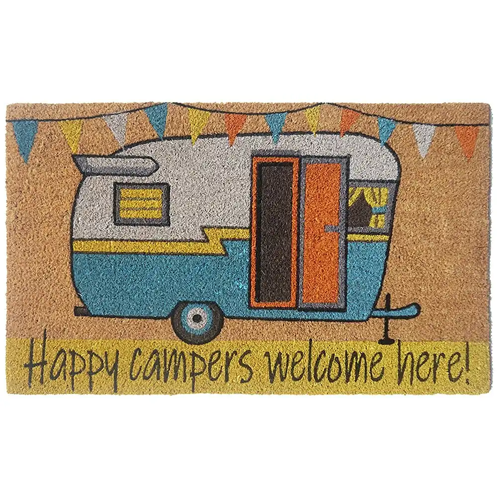 Solemate PVC Backed Coir Happy Camper 45x75cm Slim Outdoor Stylish Doormat