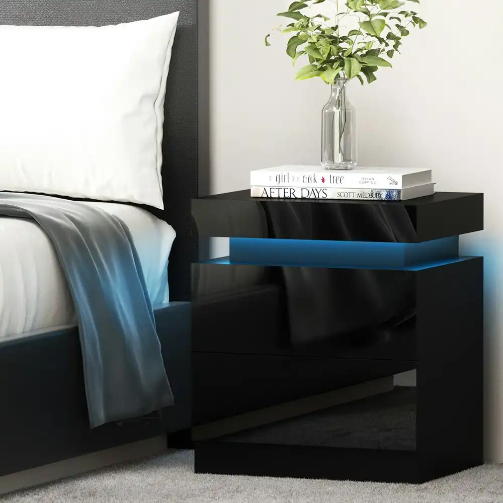 Artiss Bedside Table LED 2 Drawers Lift-up Storage - COLEY Black