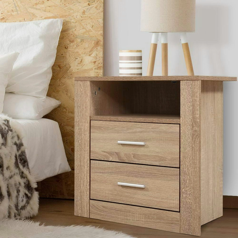 Artiss Bedside Table 2 Drawers with Shelf - TARA Oak