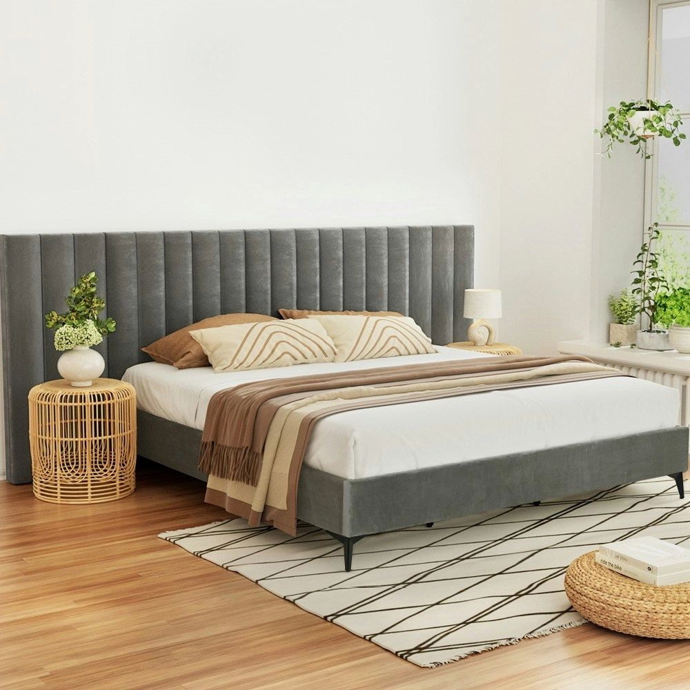 Artiss Bed Frame King Size Velvet Grey LOTT