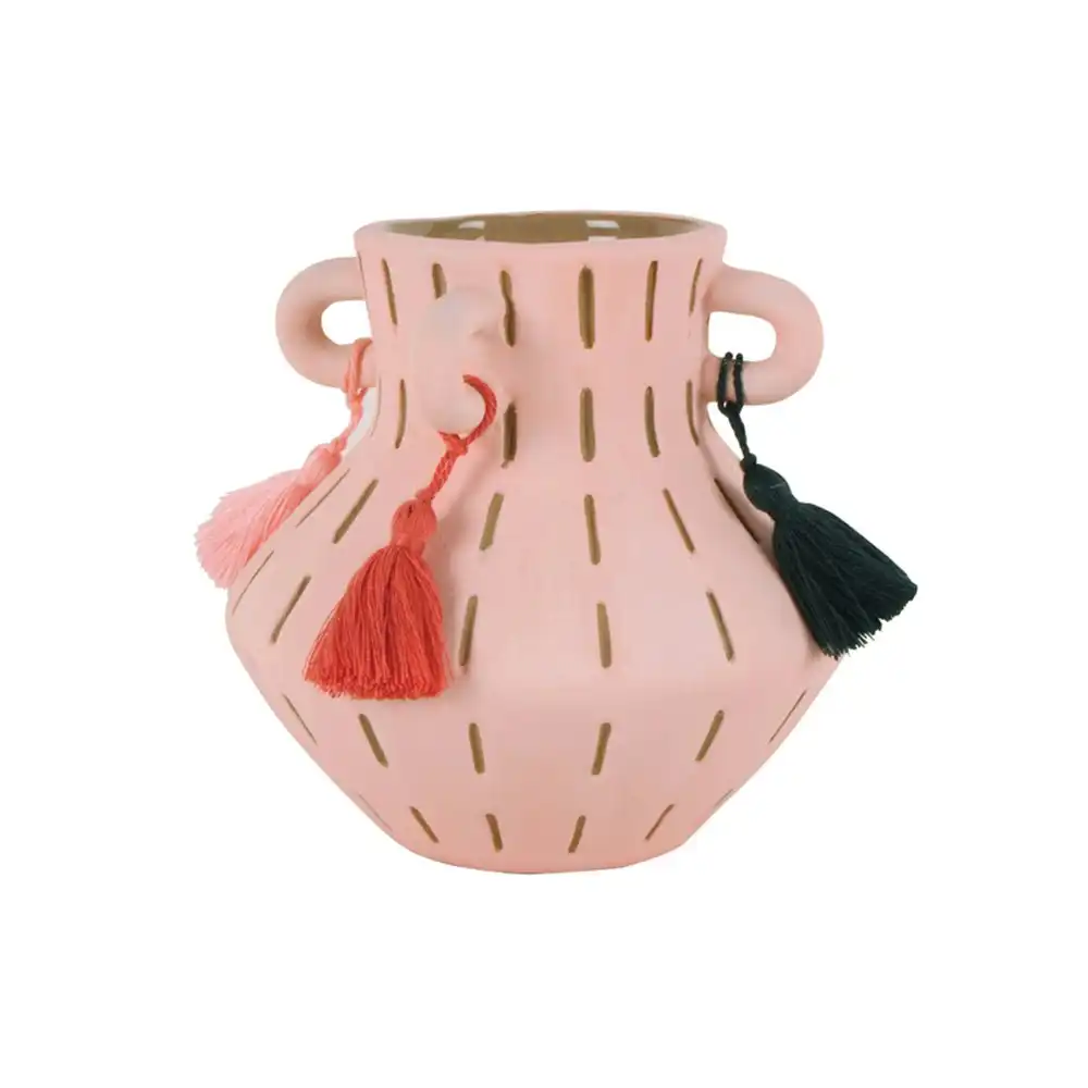 Maine & Crawford Bodee Amphora 13cm Stoneware Flower Vase w/ Tassel Decor Pink