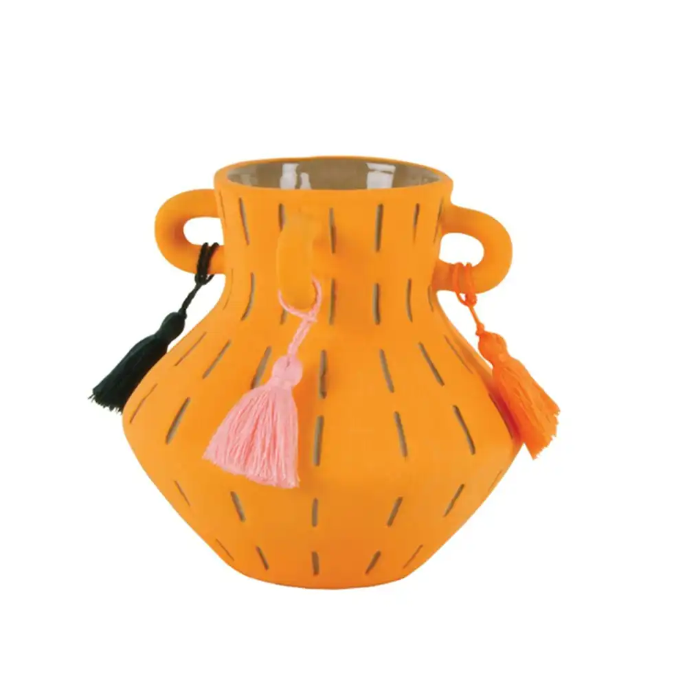 Maine & Crawford Bodee Amphora 13cm Stoneware Flower Vase w/ Tassel Decor Orange