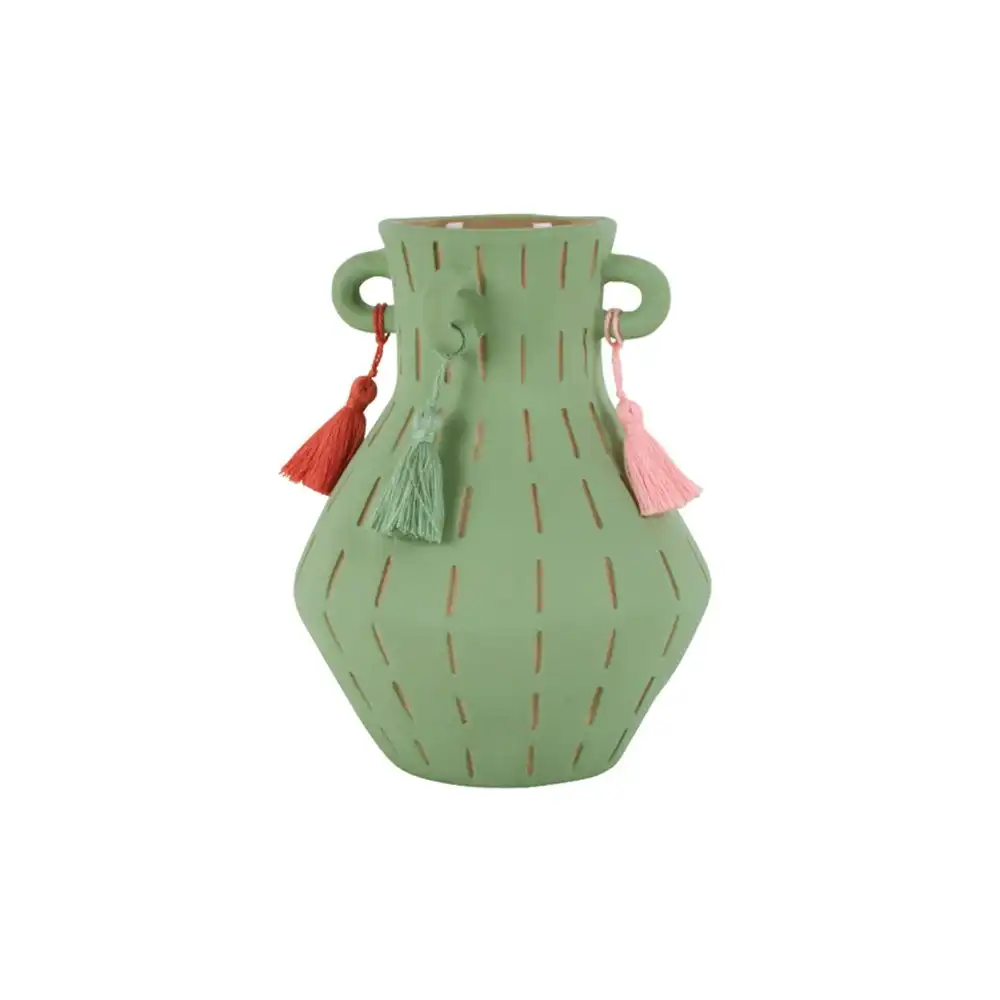 Maine & Crawford Boden Amphora 18x14cm Stoneware Flower Vase w/ Tassel Green