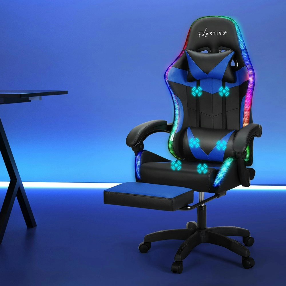 Artiss 6 Point Massage Gaming Office Chair 7 LED Footrest Blue