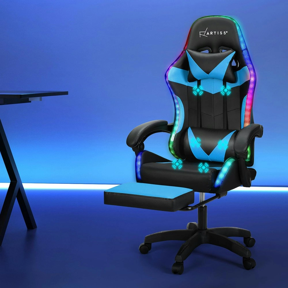 Artiss 6 Point Massage Gaming Office Chair 7 LED Footrest Cyan Blue