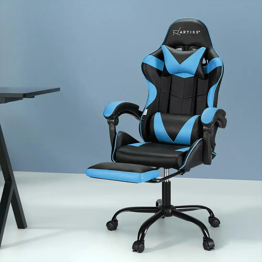 Artiss 2 Point Massage Gaming Office Chair Footrest Cyan Blue