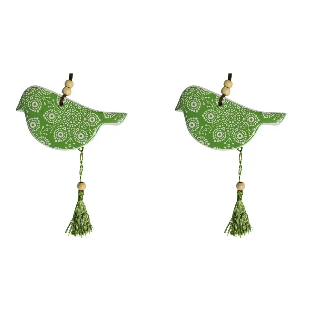 2x Ceramic Hanging 12cm Bird Indigenous w/ Tassel/Hanger Ornament Home Decor GRN