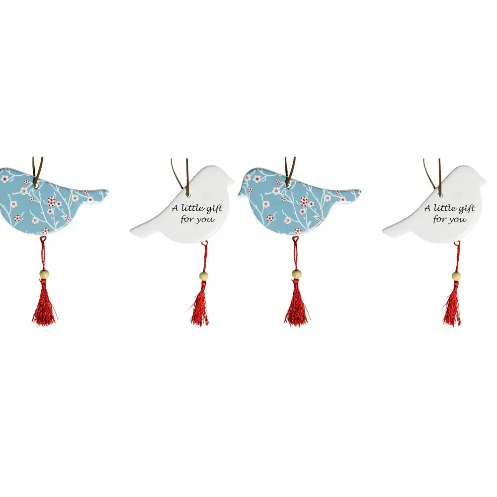 2x Ceramic Hanging 12cm Bird Blossom w/ Tassel/Hanger Ornament Home Decor Blue