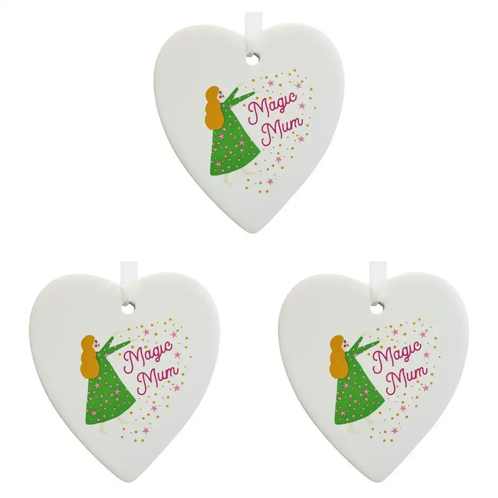 3x Ceramic Hanging 8cm Heart Magic Mum w/ Hanger Ornament Home/Office Room Decor