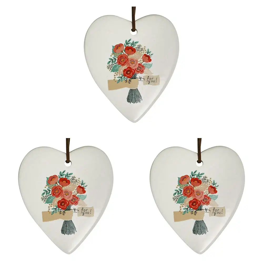 3x Ceramic Hanging 8x9cm Heart Flower Bunch w/ Hanger Ornament Home/Office Decor