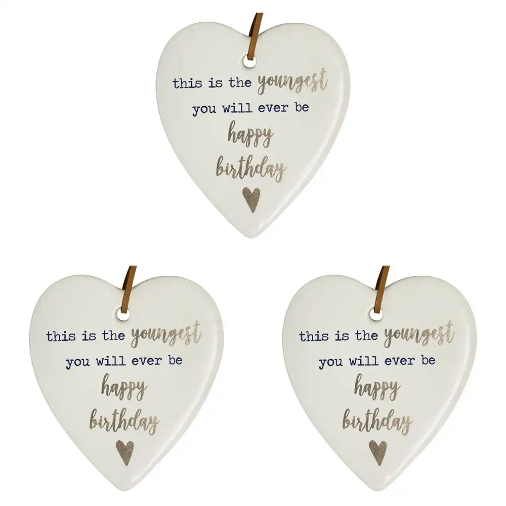 3x Ceramic Hanging 9cm Heart Youngest Birthday w/Hanger Ornament Home Room Decor