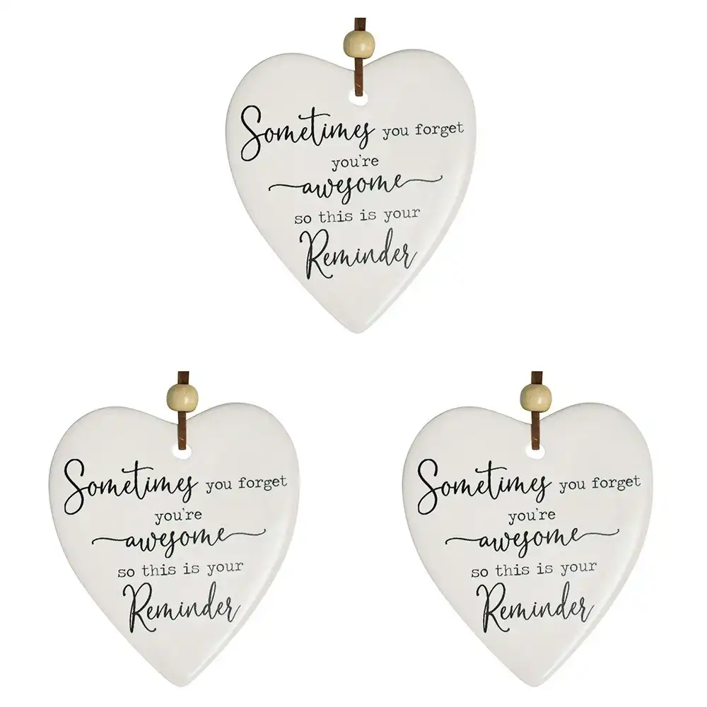 3x Ceramic Hanging 9cm Heart Reminder Awesome w/ Hanger Ornament Home Room Decor
