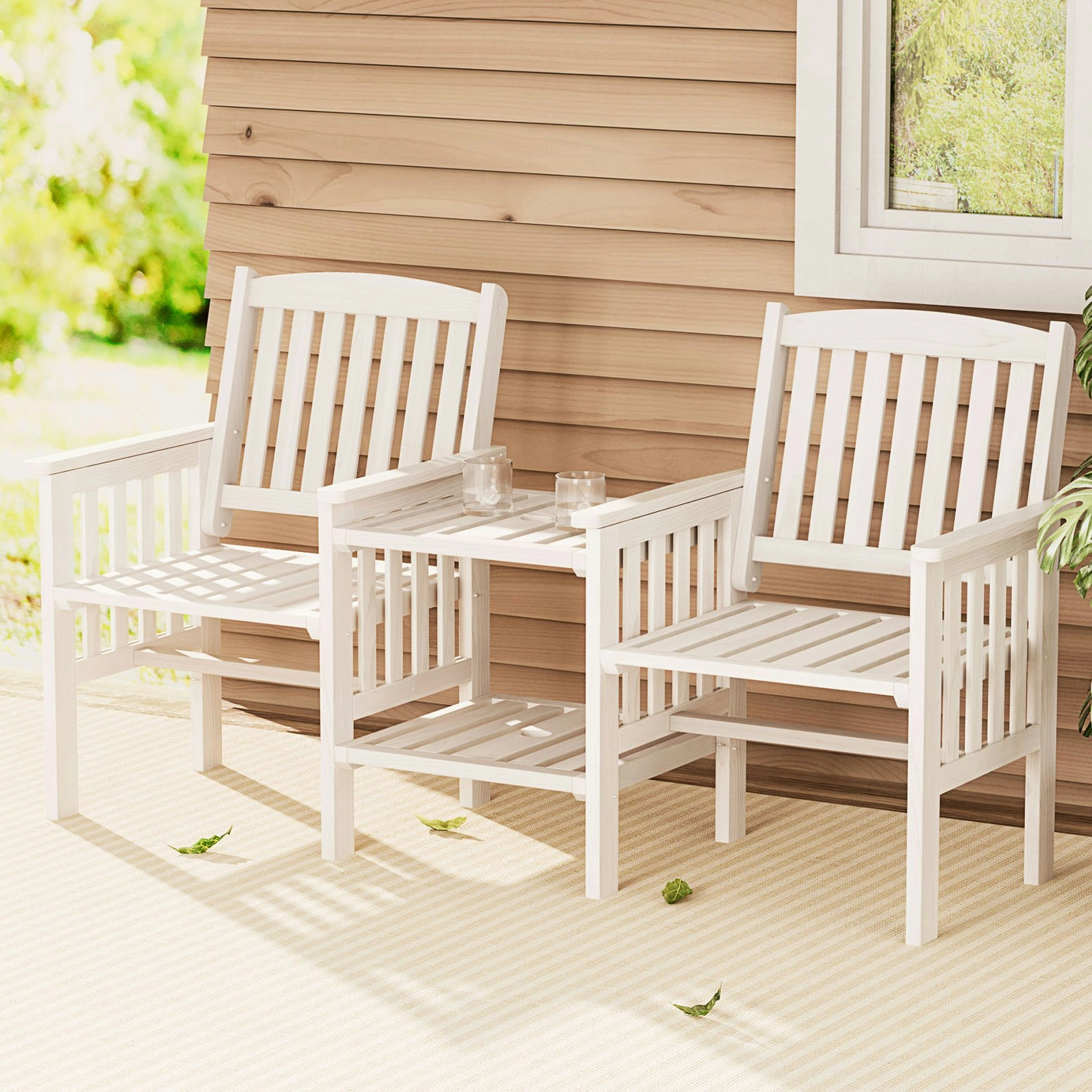 Gardeon Outdoor Garden Bench Loveseat Wooden Table Chairs Patio Furniture White