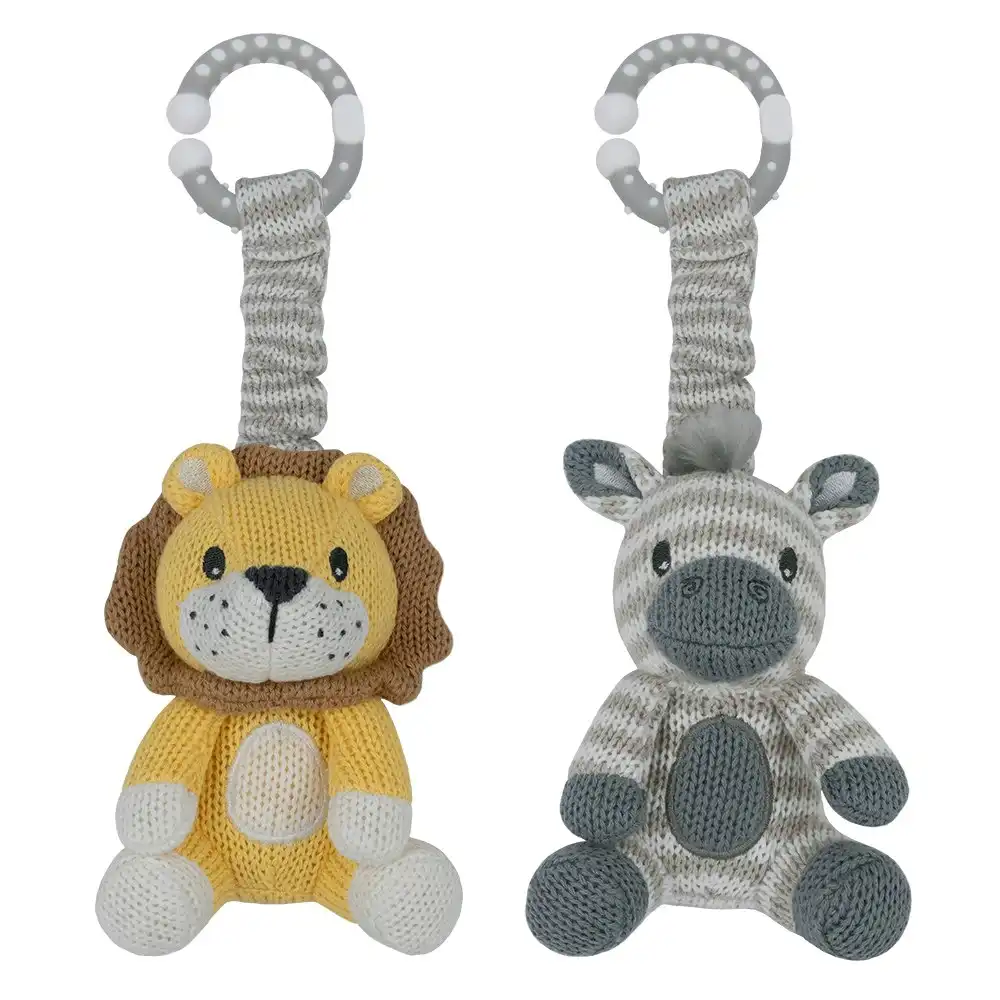 2pc Living Textiles Baby/Newborn Cotton Knitted Stroller Toys Zebra & Lion