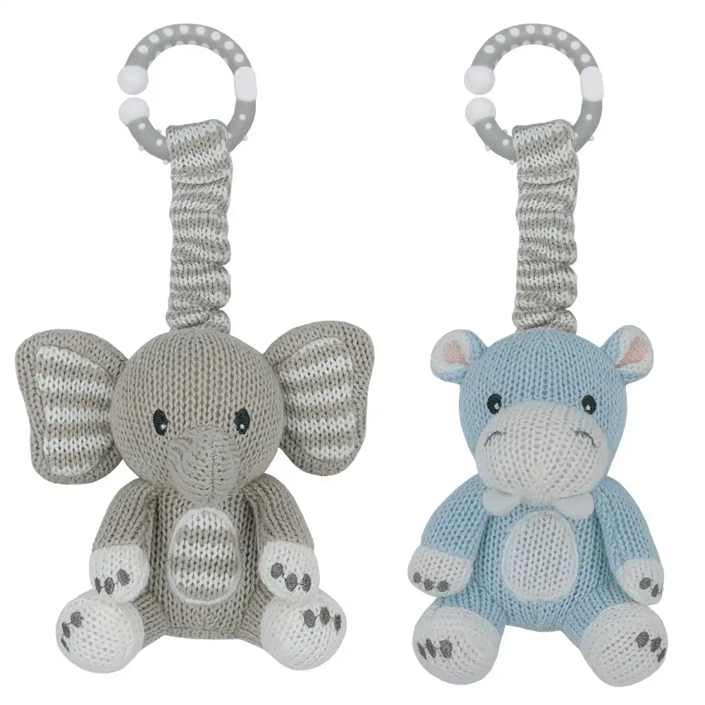 2pc Living Textiles Baby/Newborn Cotton Knitted Stroller Toys Elephant & Hippo