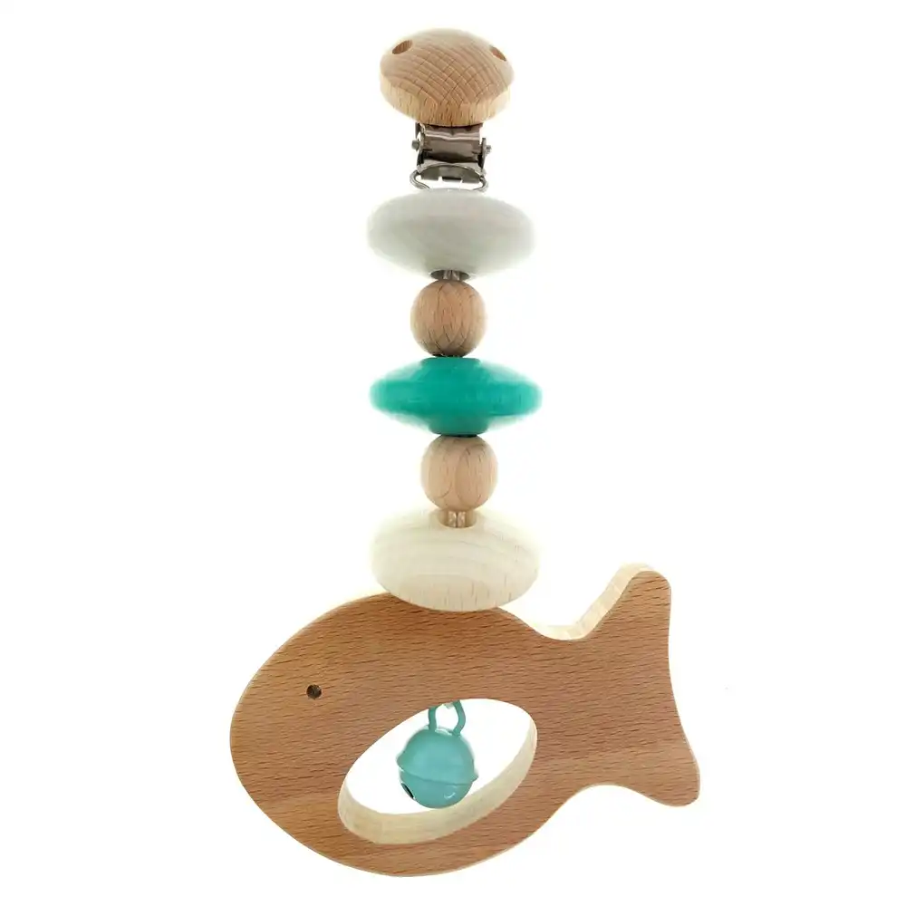 Hess Spielzeug Wooden 15cm Hanger Fish Toy For Pram Baby 0m+ Natural Turquoise