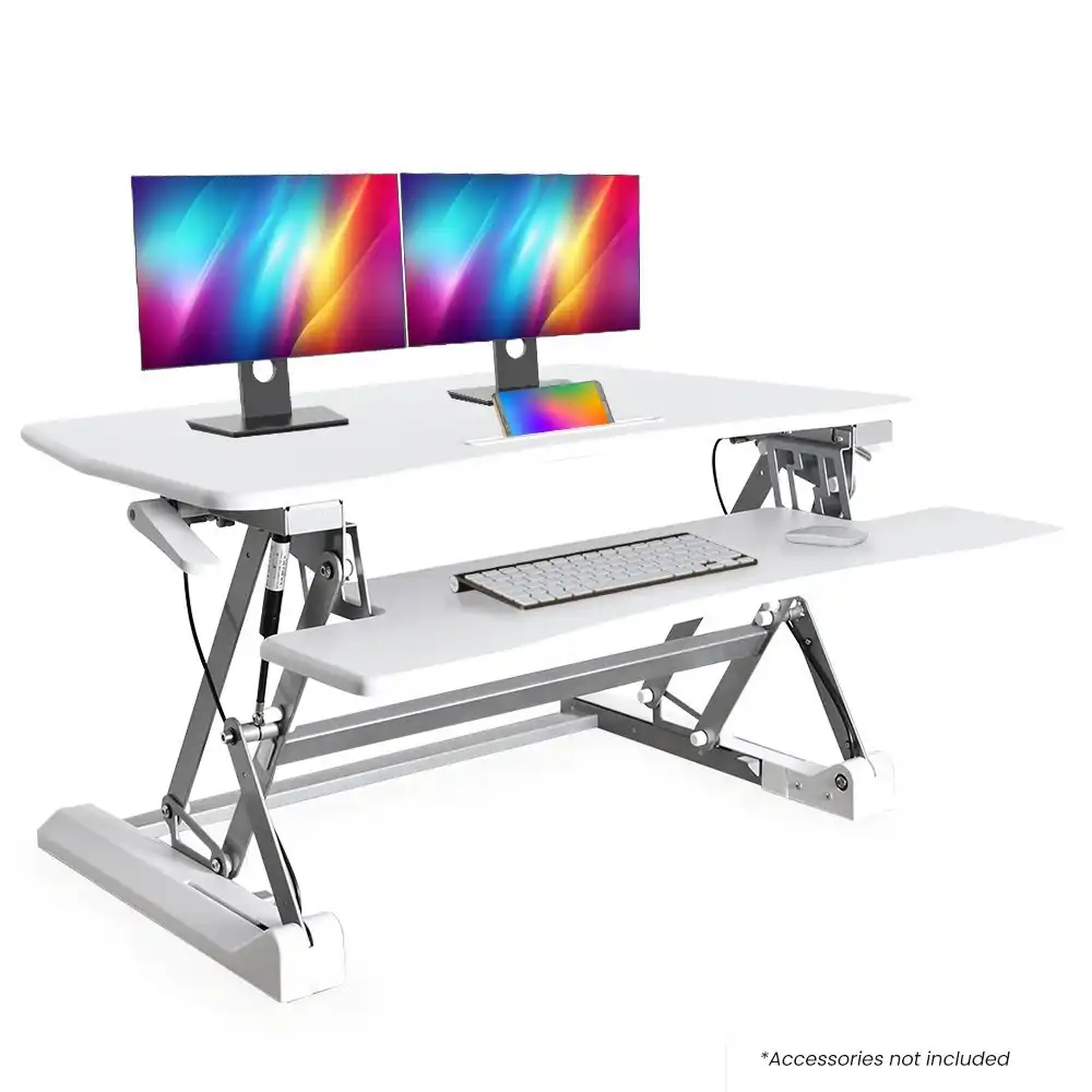 Fortia Desk Riser 90cm Wide Adjustable Sit to Stand, for Dual Monitor, Keyboard, Laptop, White