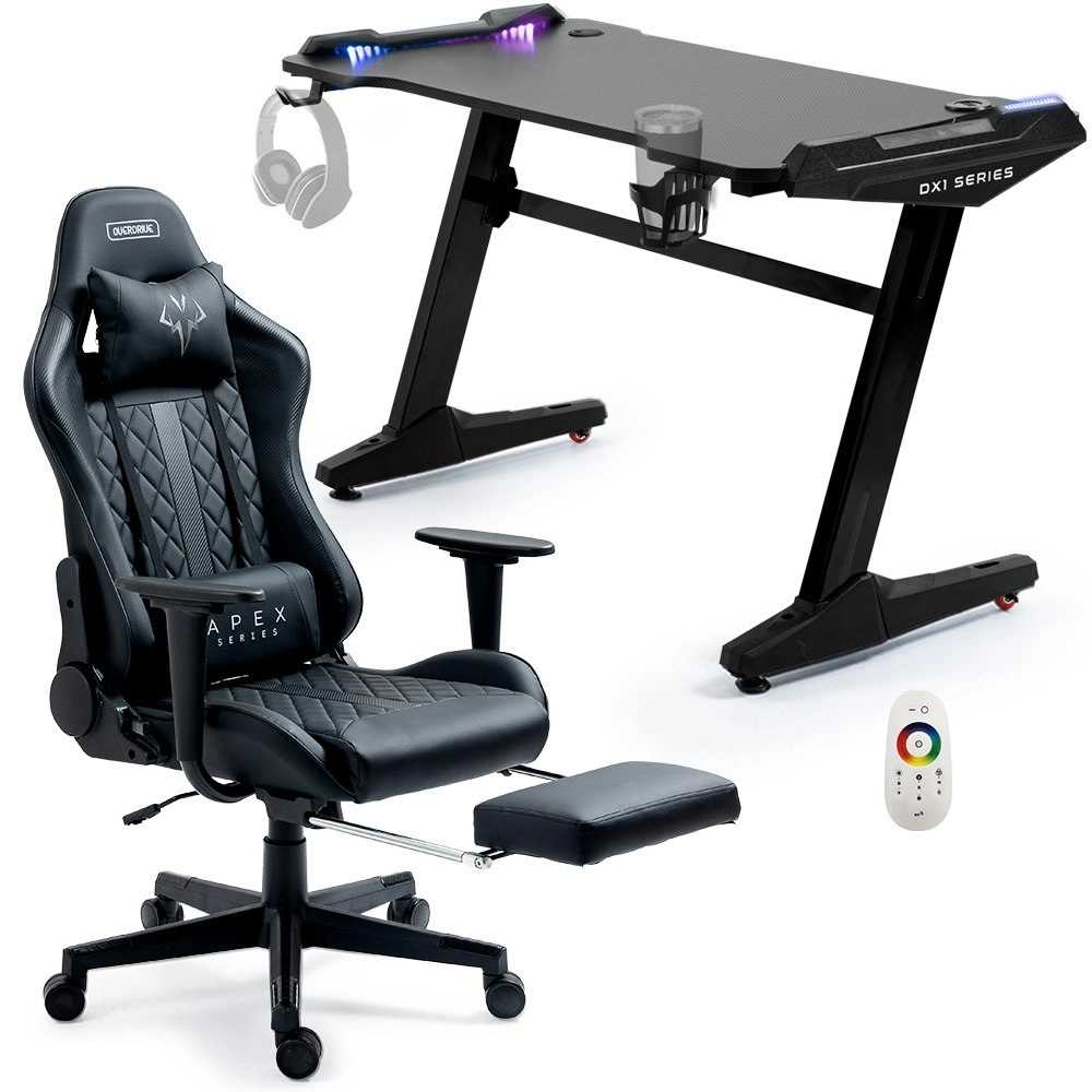 Overdrive Gaming Office Desk and Chair, LED-FX Light Effects, USB Outlets, Headset Hanger, Cup Holder and Footrest, Black