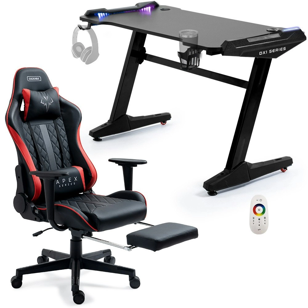 Overdrive Gaming Office Chair and Desk Combo, LED-FX Light Effects, USB Outlets, Headset Hanger, Cup Holder and Footrest, Black/Red