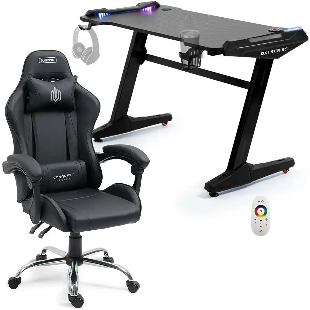 Overdrive Gaming Office Chair and Desk Combo, LED-FX Light Effects, USB Outlets, Headset Hanger, Cup Holder, Black