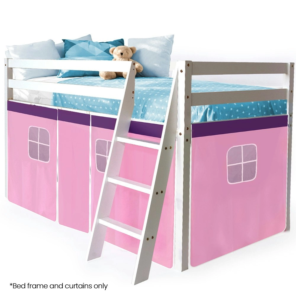 Kingston Slumber Wooden Kids Single Loft Bed Frame - Hiding Space Underneath with Interchangeable Pink and Blue Curtains