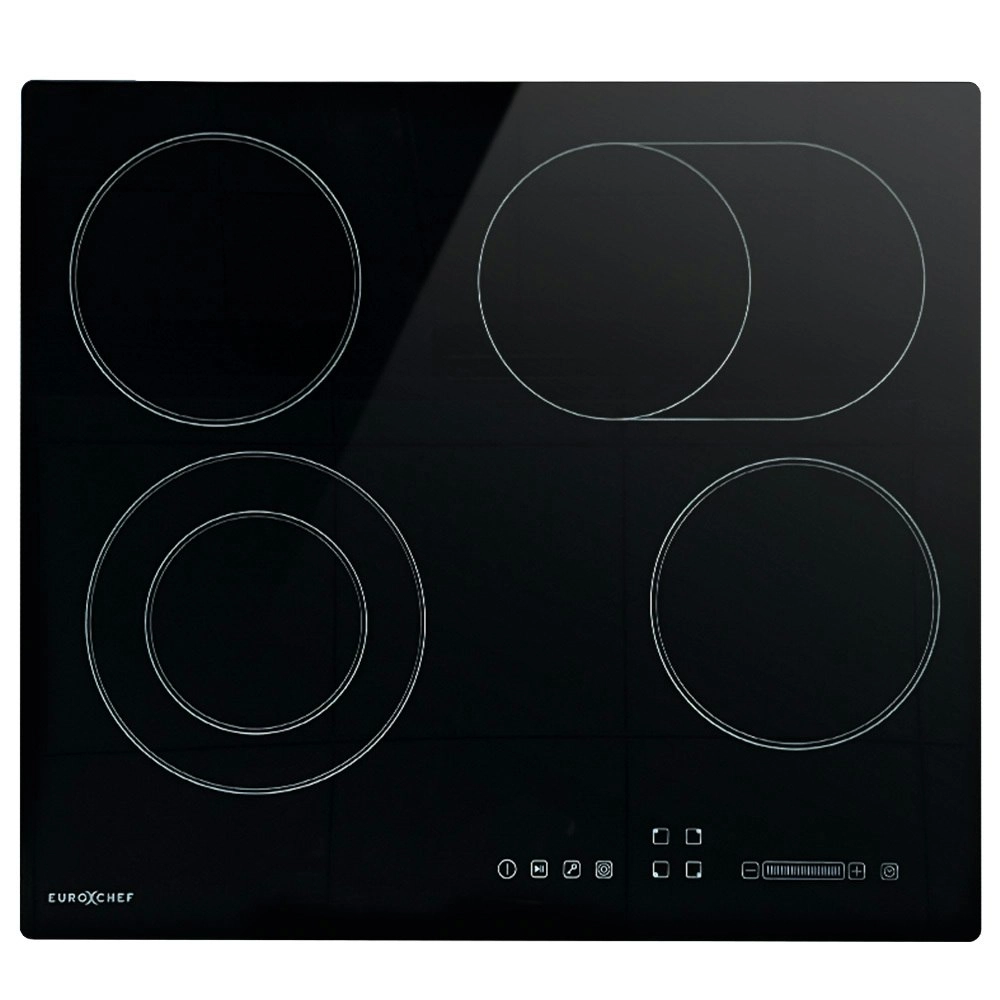 EuroChef 60cm 4 Zone Ceramic Cooktop, 6600W Electric, FlexiZone Adjustable Size Hobs, Touch Controls