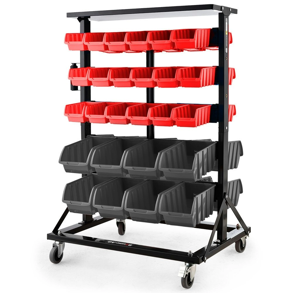 Baumr-AG 52 Parts Bin Rack Storage System Mobile Double-Sided - Red