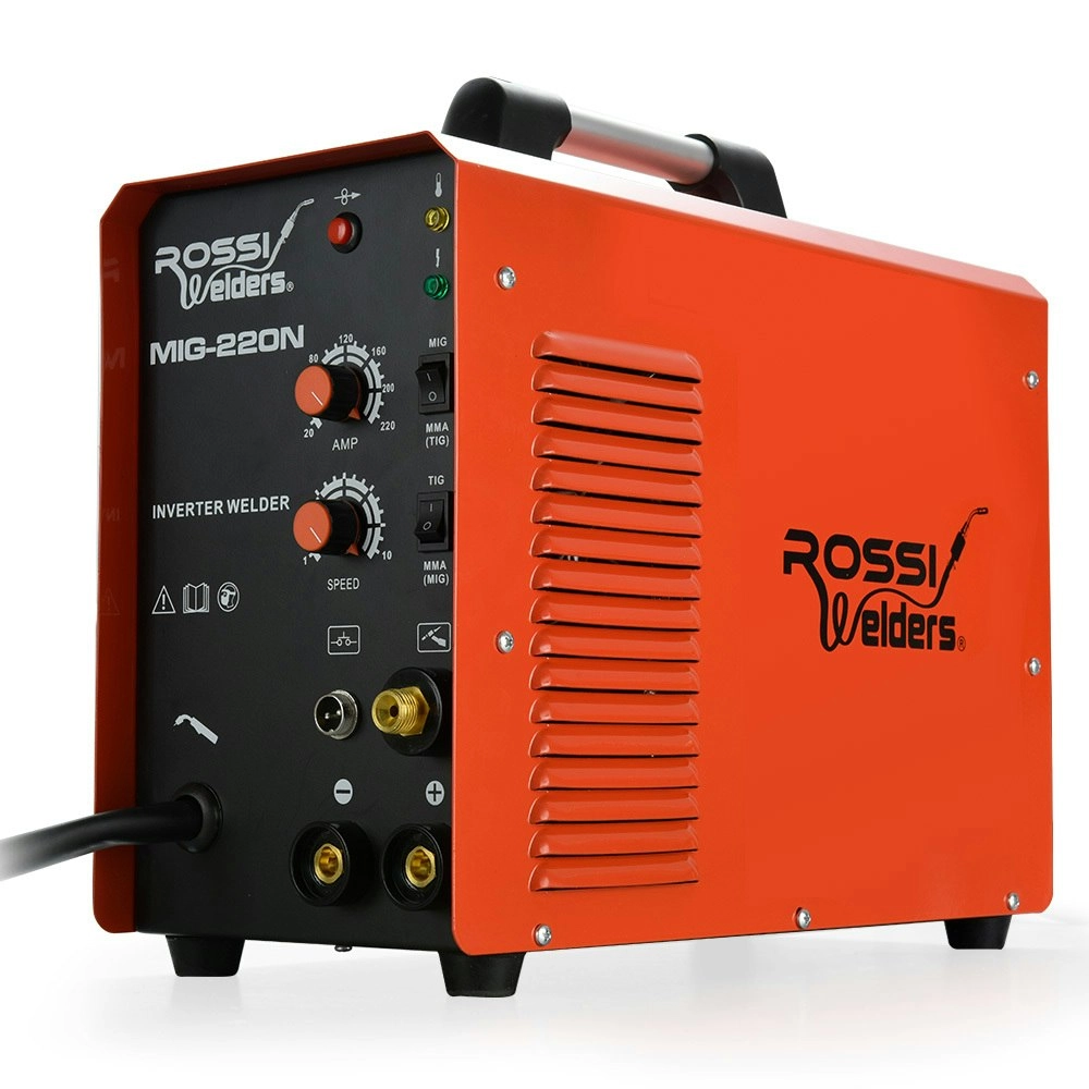 Rossi 220 Amp MIG MMA TIG Welder, 3in1 Multi-process Portable Inverter Gas Gasless Stick Welding Machine, 15A Plug