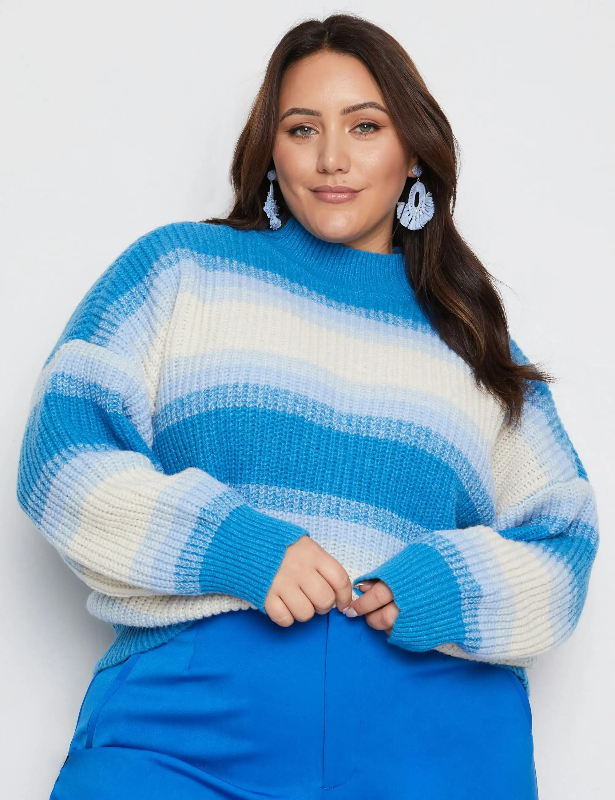 beme Long Sleeve Mock Neck Ombre Knitwear Jumper (Blues)