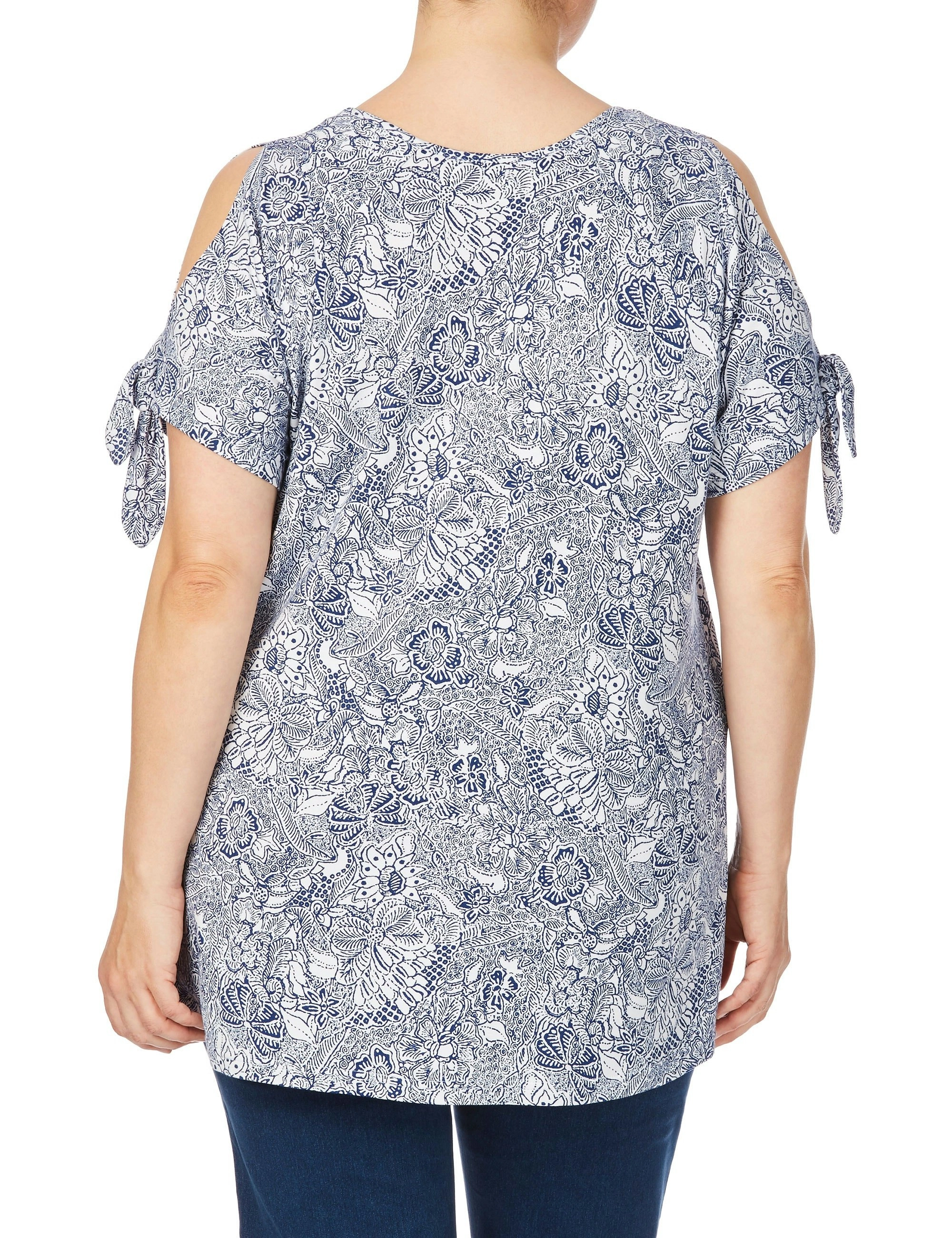 beme Cold Shoulder Printed Top (White/Blue)