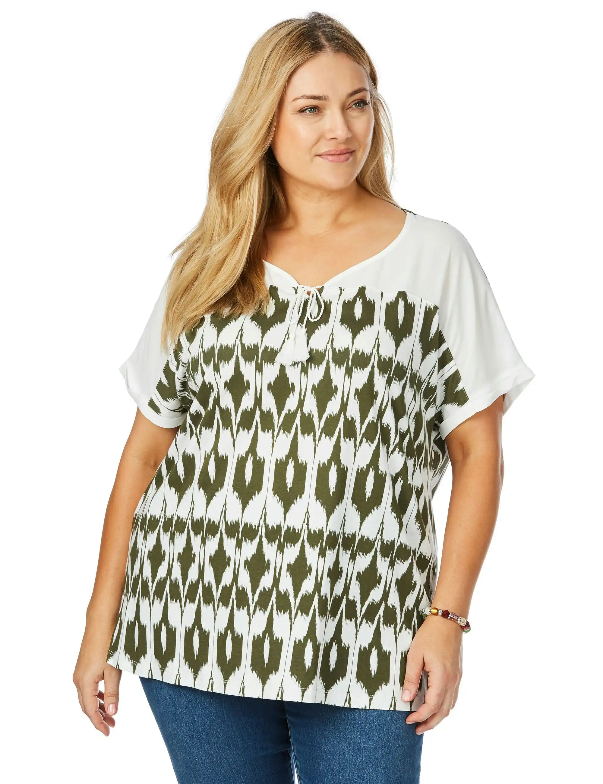 beme Cap Sleeve Tie Neck Print Top (Khaki Print)