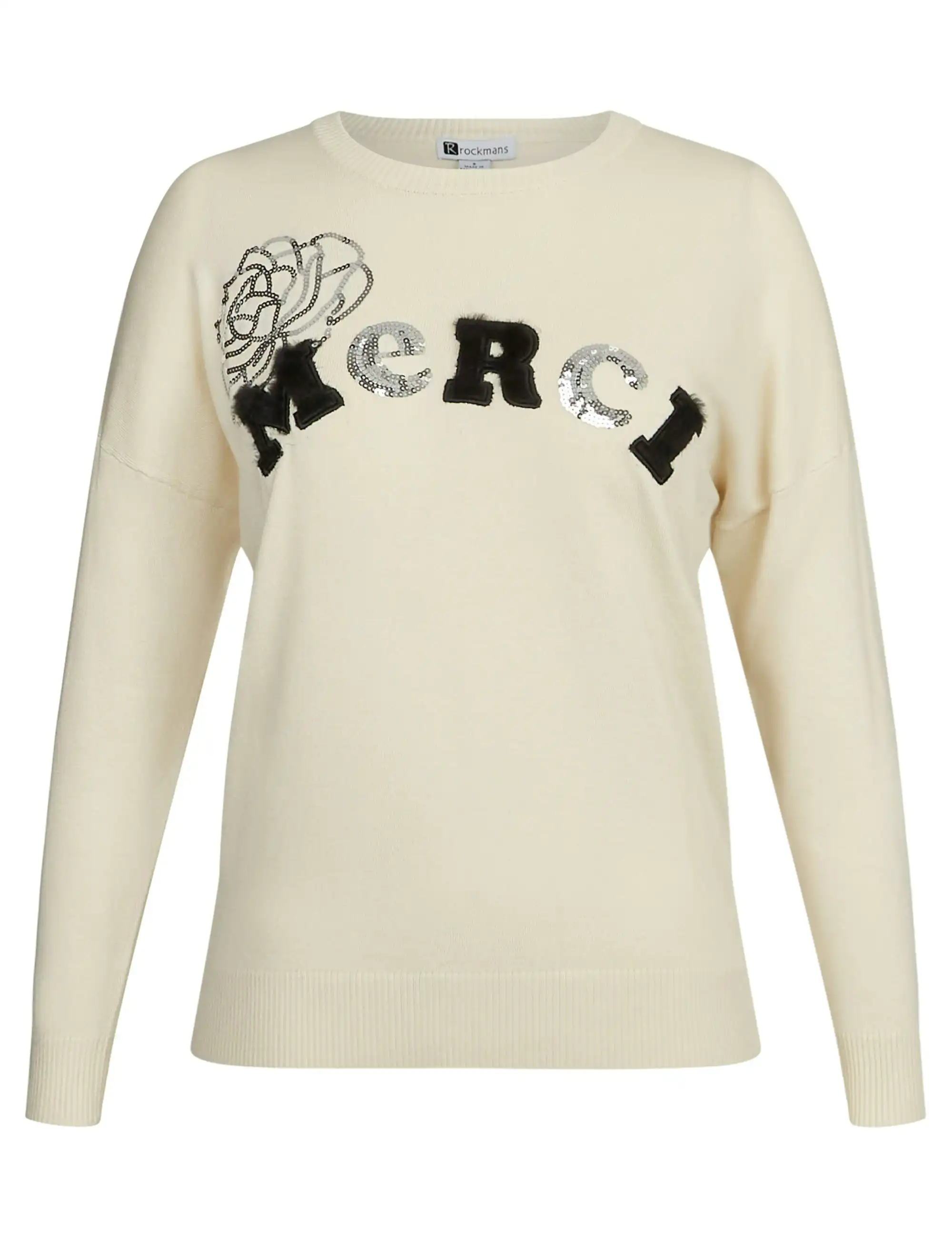 Rockmans Long Sleeve Faux Fur Sequin Femme Knitwear Top (Cream)