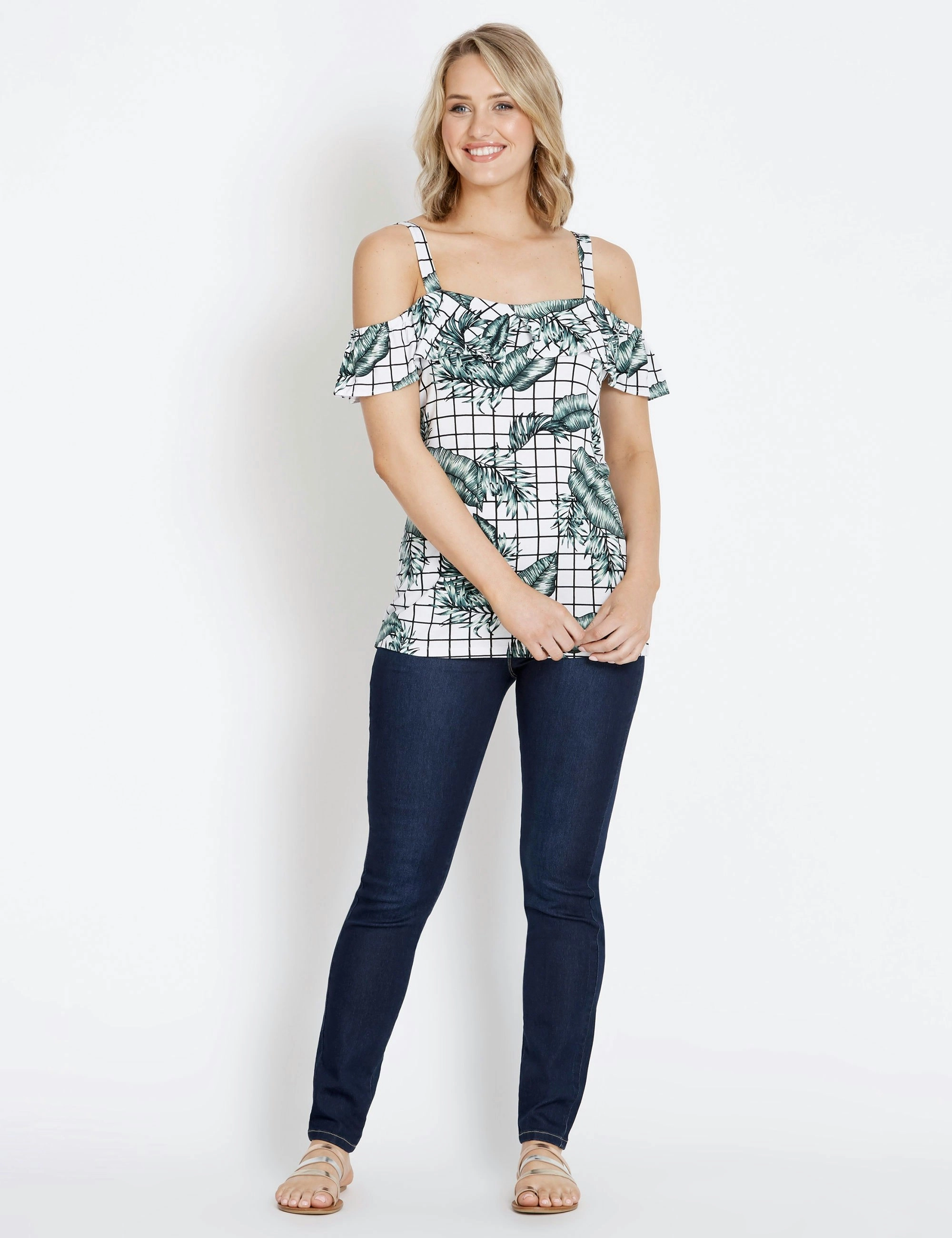 Rockmans Short Sleeve Palm Check Print Top (Multi)