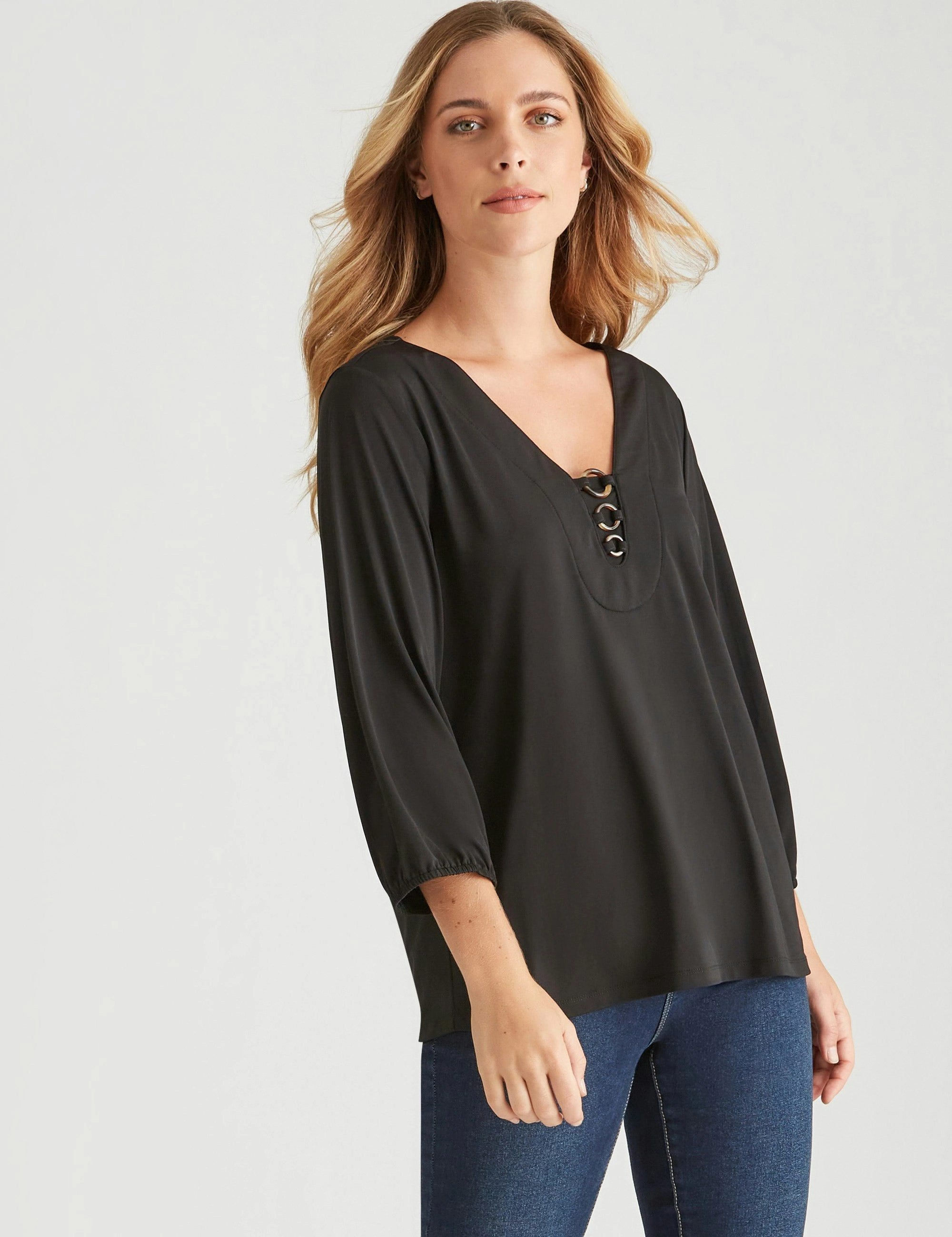 Rockmans 3/4 Sleeve Ring Detail Top (Black)