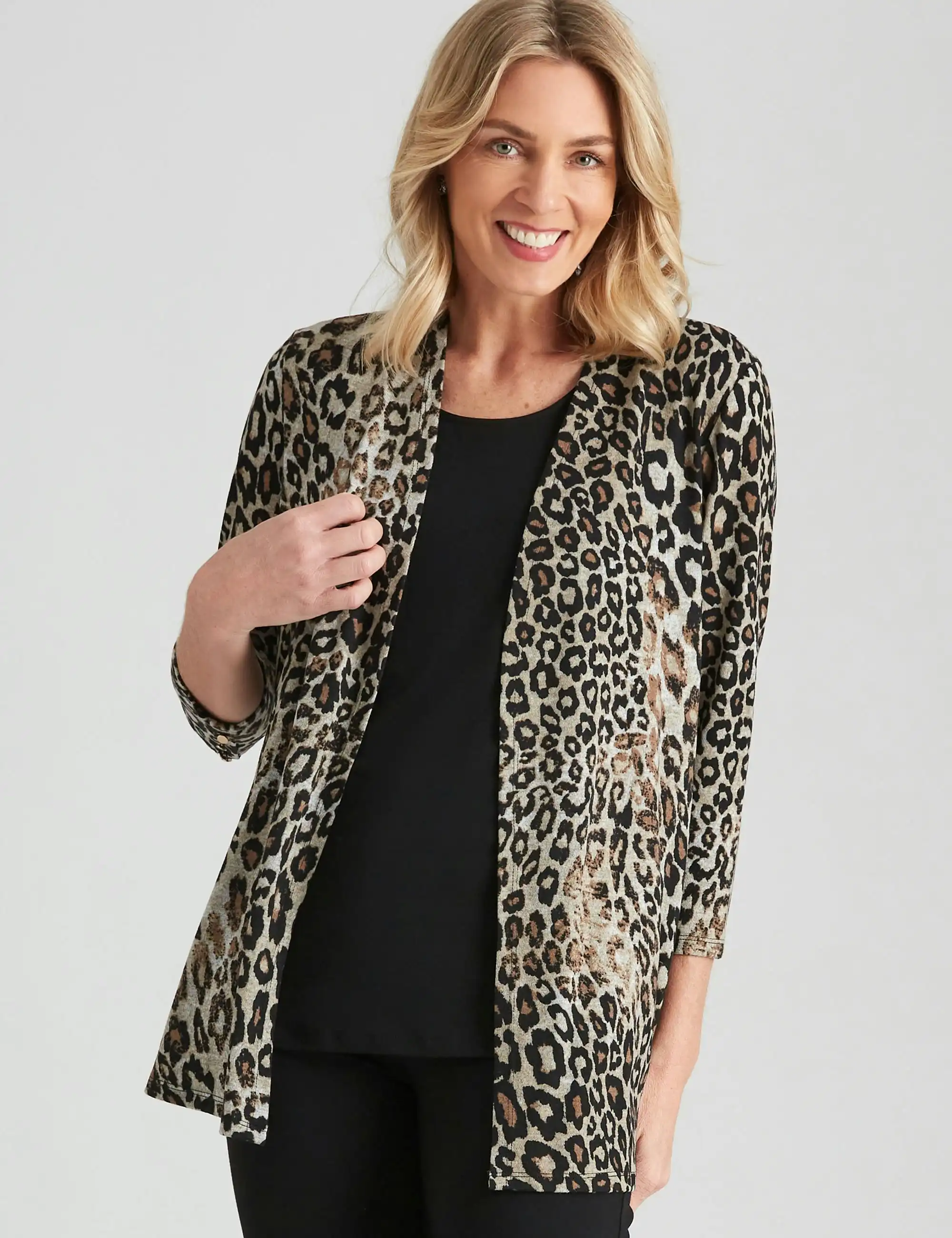 Noni B Button Leopard Cardigan (Cobblestone)