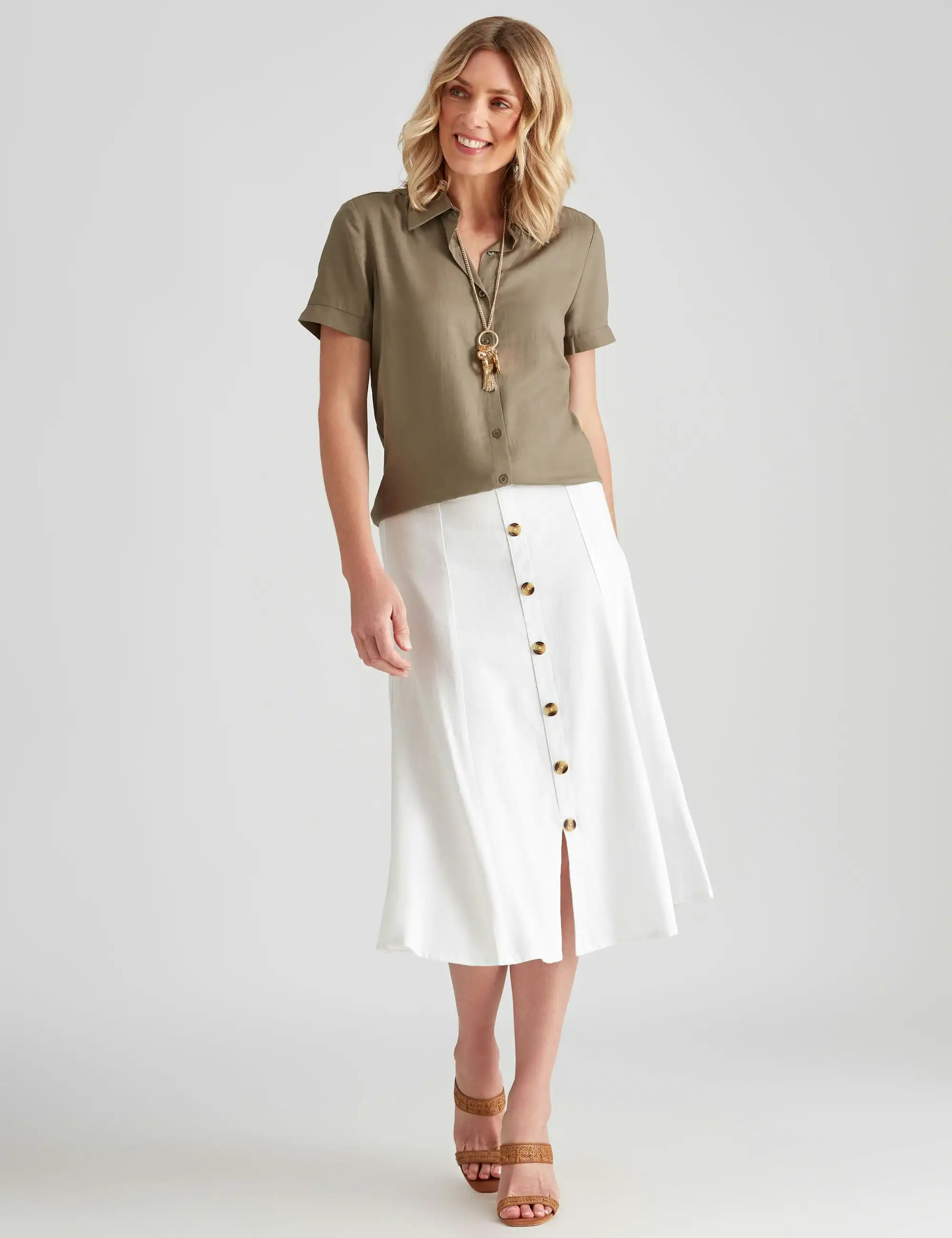 Noni B A-Line Linen Button Skirt (White)