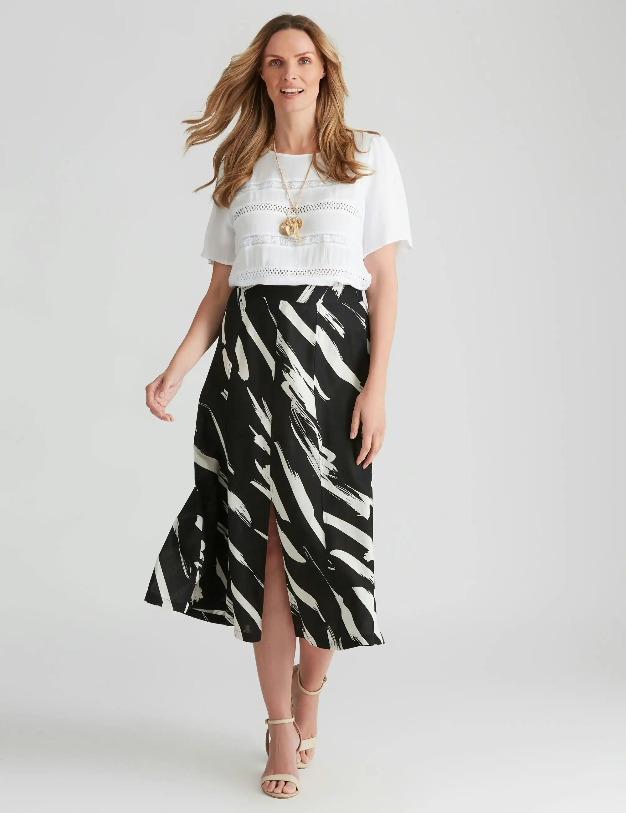 Noni B Panneled Linen Midi Skirt (Black)