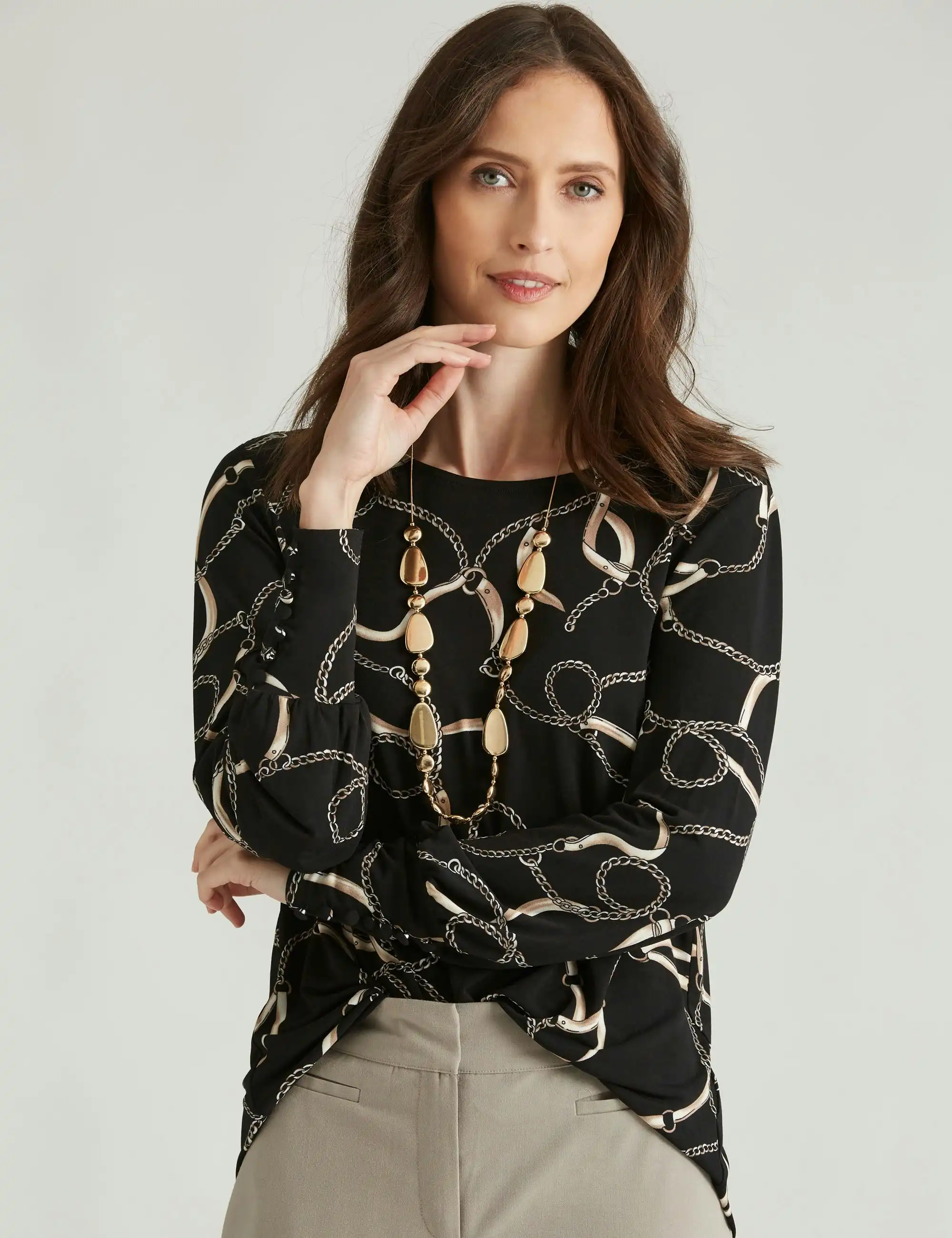 Noni B Cuff Detail Chain Knitwear Top (Black)