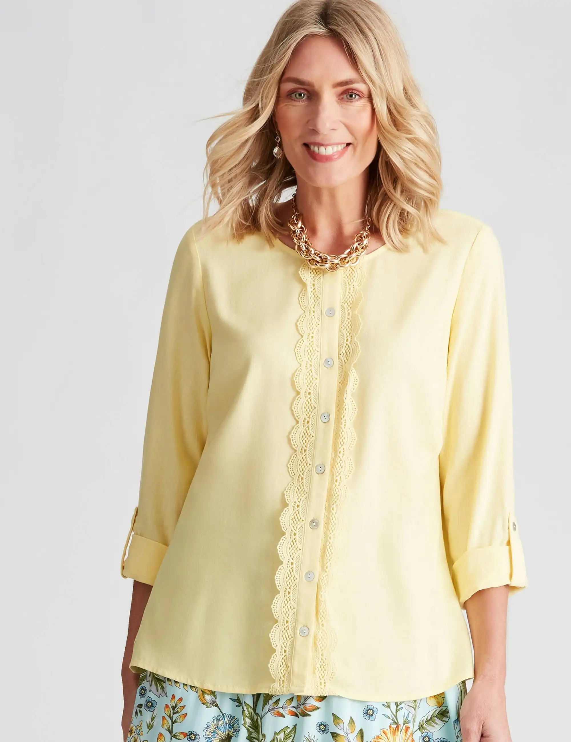Noni B Lace Trim Linen Shirt (Lemon Meringue)