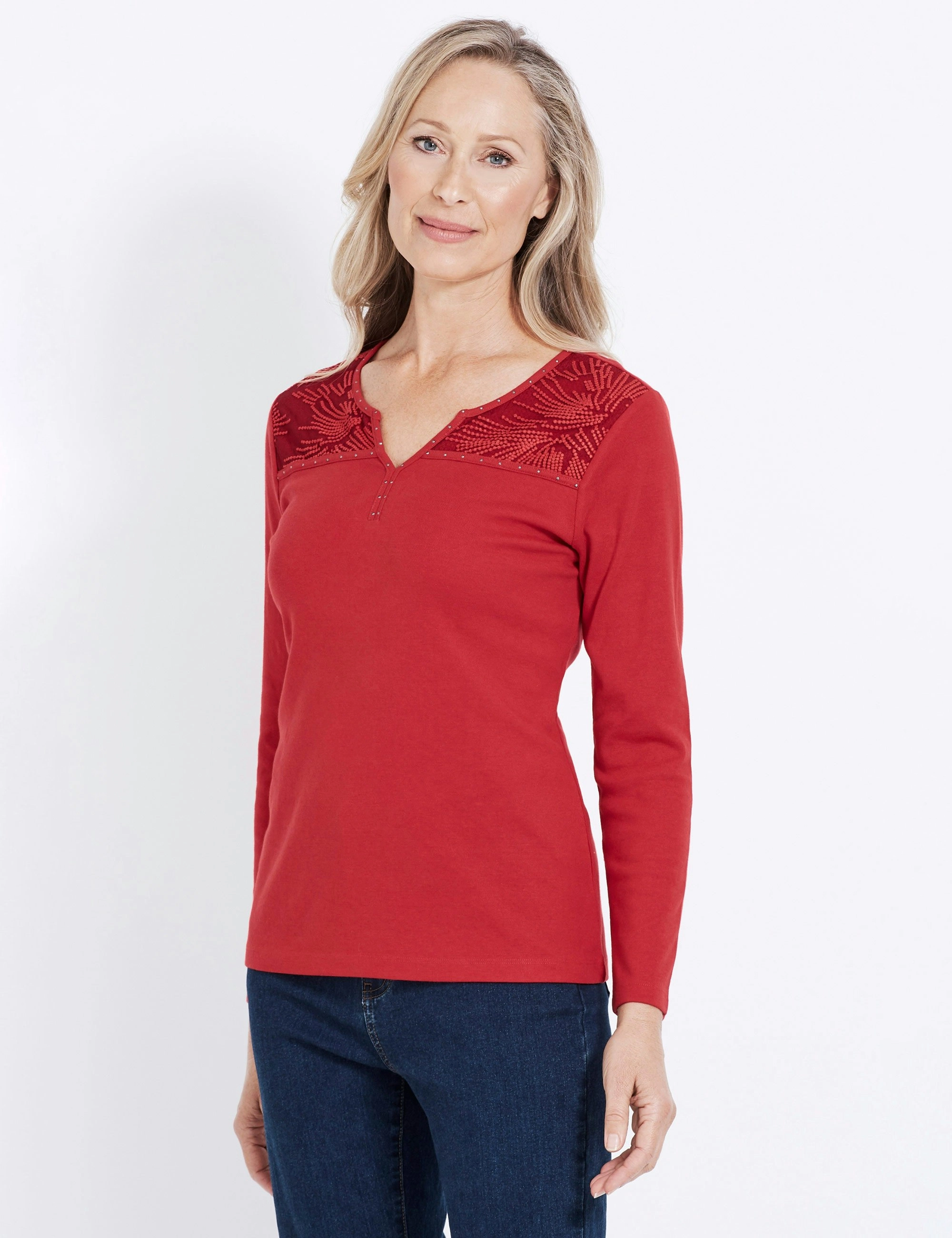 Noni B Felicia Long Sleeve Rib T-Shirt (Barbados Cherry)