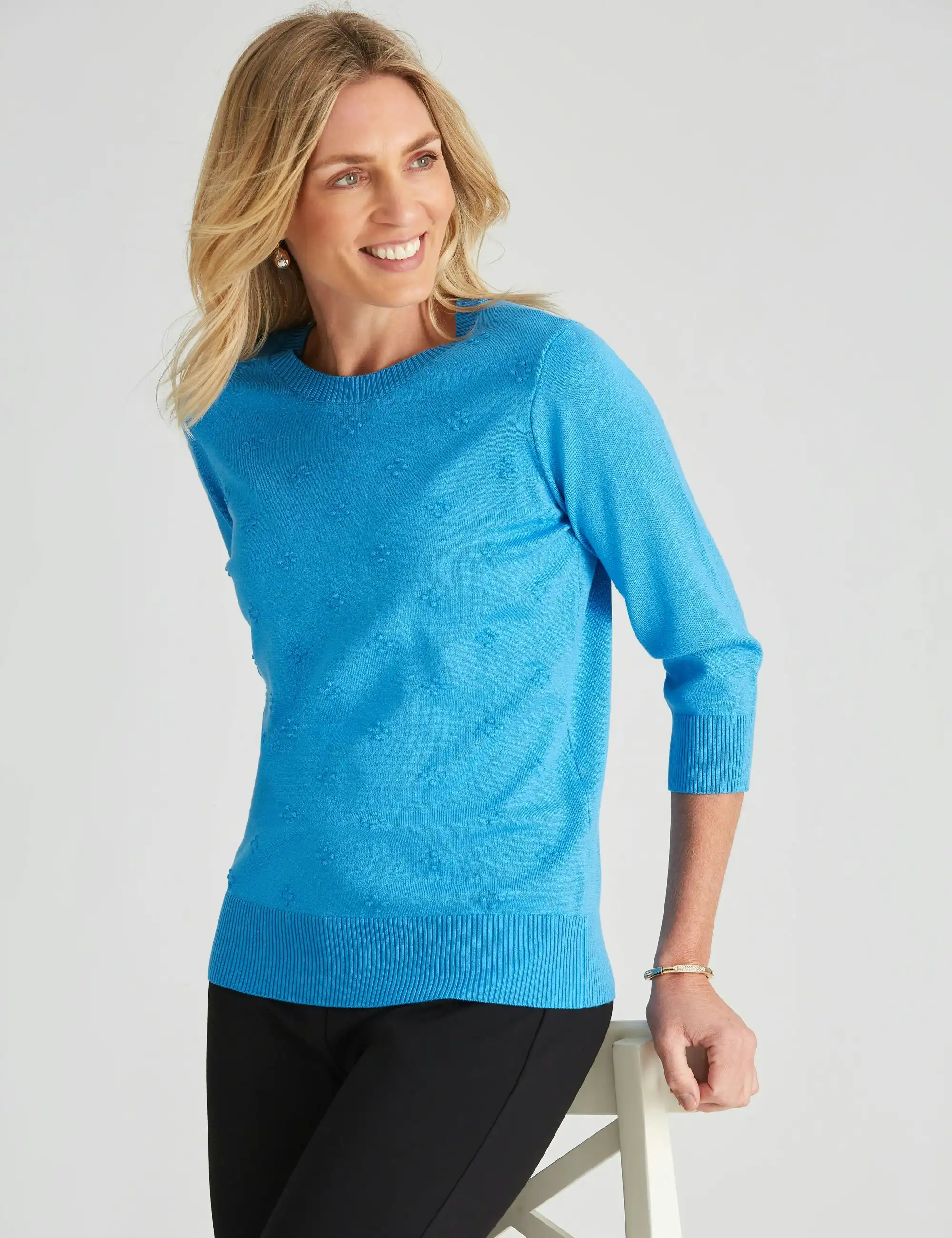 Noni B 3/4 Sleeve Textured Knitwear Jumper (Malibu Blue)