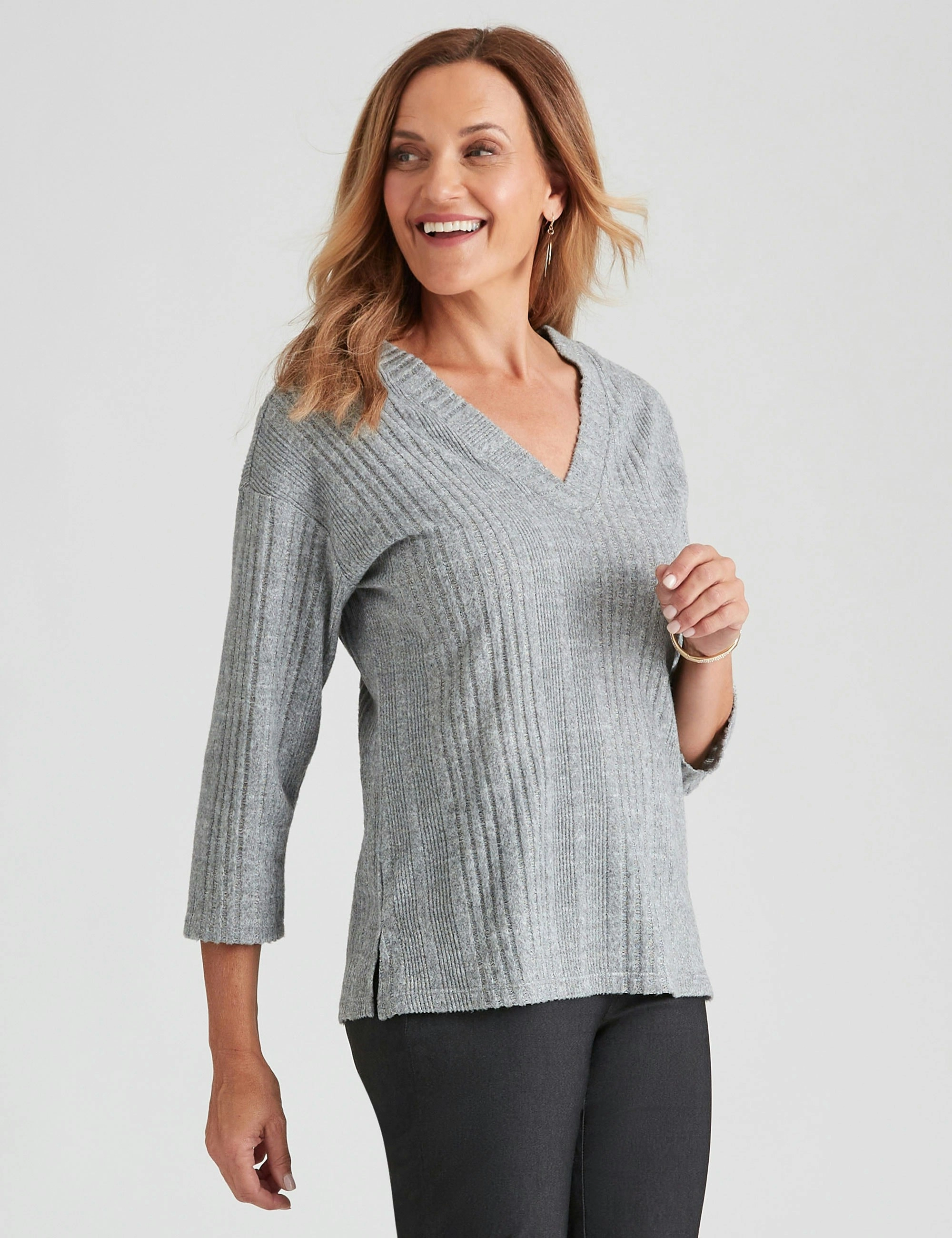 Millers 3/4 Sleeve Rib Brushed Top (Grey Melange Rib)