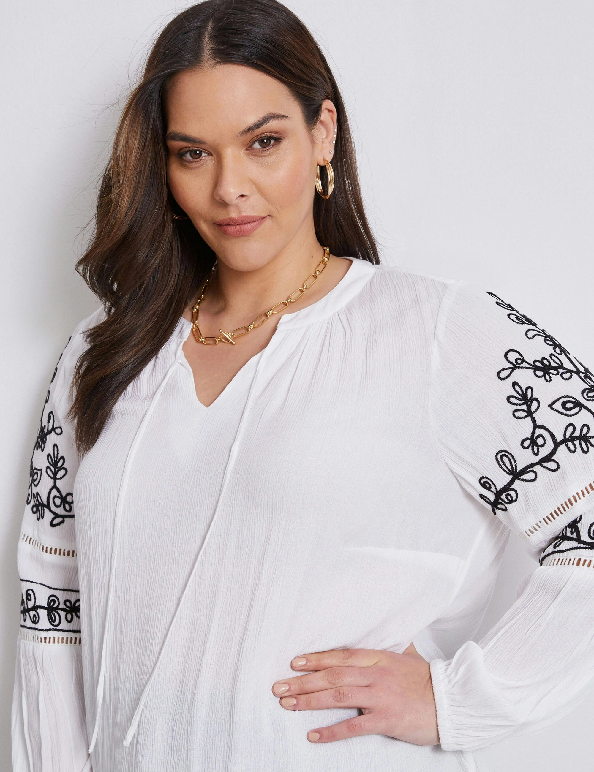 Autograph Woven Embroidered Peasant Top (White)