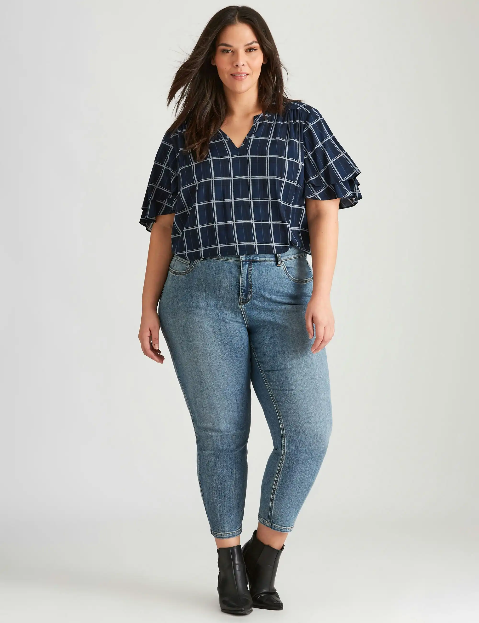 Autograph Woven Flutter Sleeve Check Top (Y/D Check)