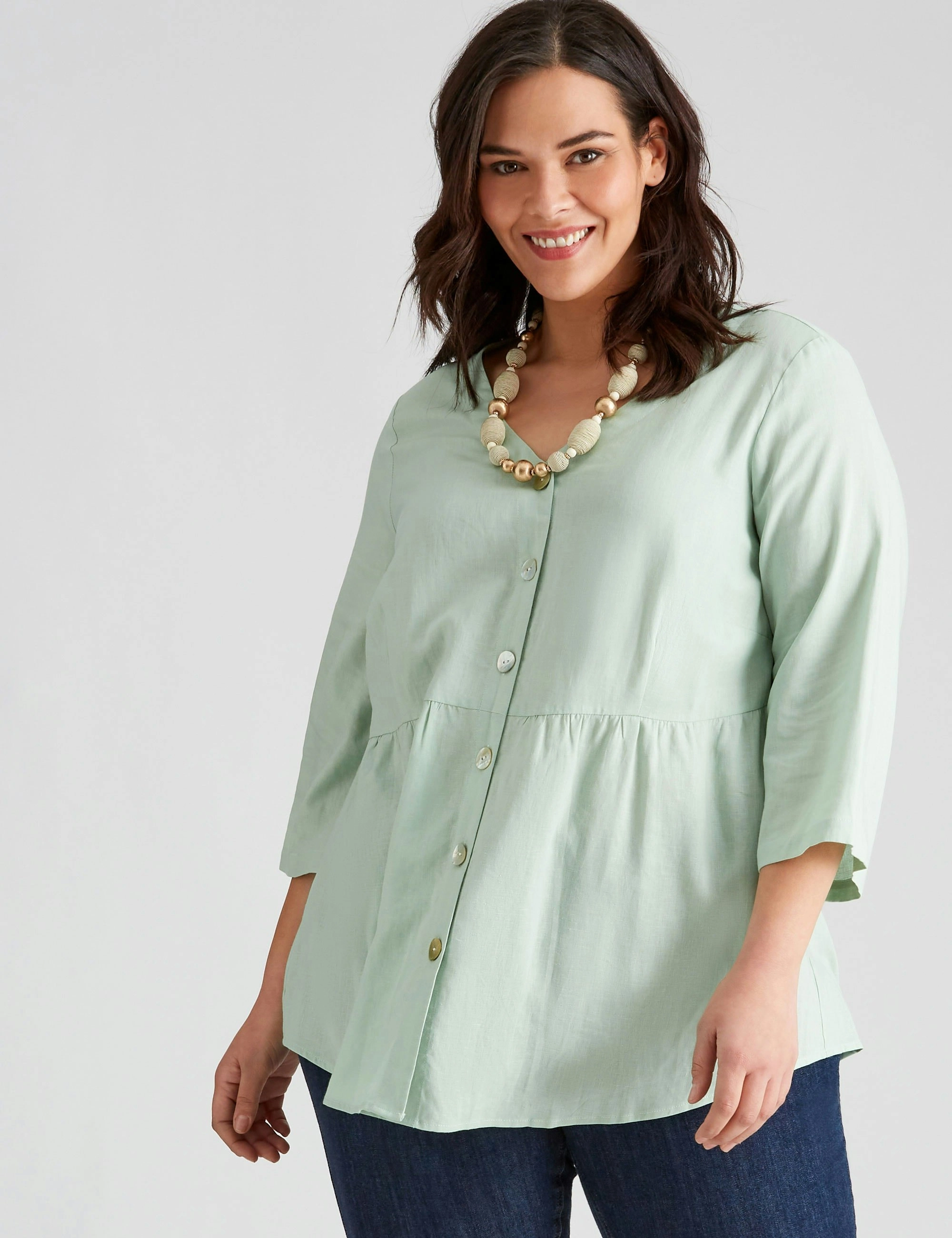 Autograph Woven Linen Blend Elbow Short Long Sleeve Flounce Hem Top (Mint)