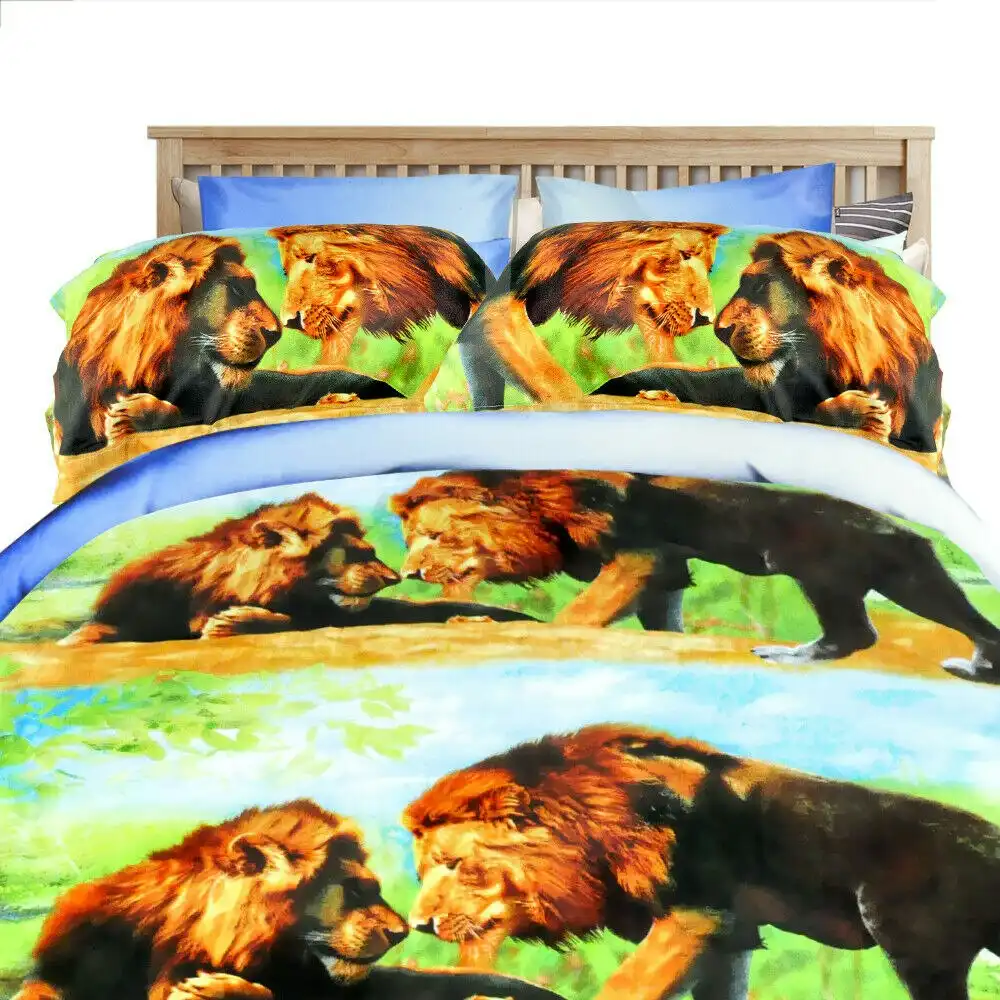3D Bed Quilt Cover With Pillowcase Lion Pattern Double Size